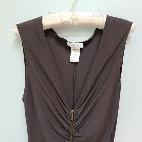 Celine Sable/Gray Ruched Deep V/ Zip Front Dress, Sz 40 - Picture 8 of 16